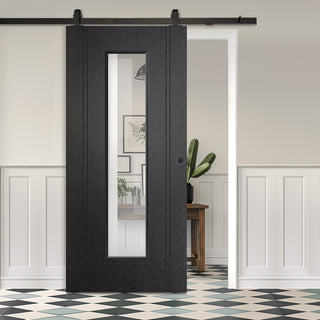 Image: Top Mounted Black Sliding Track & Door - Monaco Black Internal Door - Clear Glass - Laminated