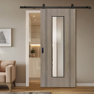 Image: Top Mounted Black Sliding Track & Door - Monaco Flush Light Grey Internal Door with Contrasting Lines - Clear Glass - Laminated