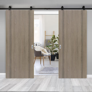 Image: Top Mounted Black Sliding Track & Double Door - Monaco Flush Light Grey Internal Door with Contrasting Lines - Laminated