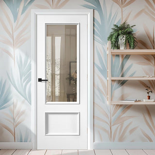 Image: EasiKit Internal Door and Frame Kit - Murcia White Primed Internal Door - Clear Glass