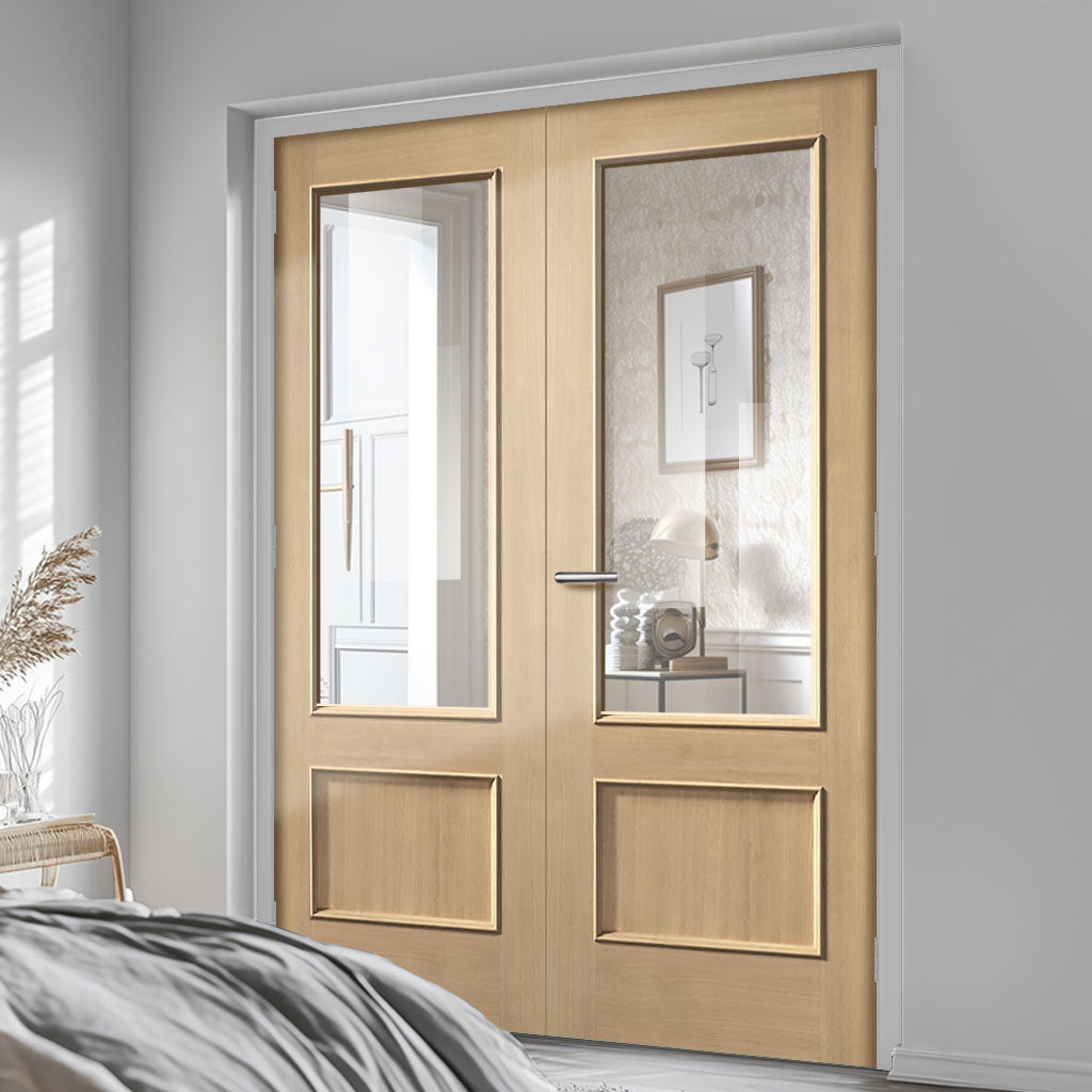 Murcia Oak Panel Internal Door Pair - Clear Glass - Prefinished