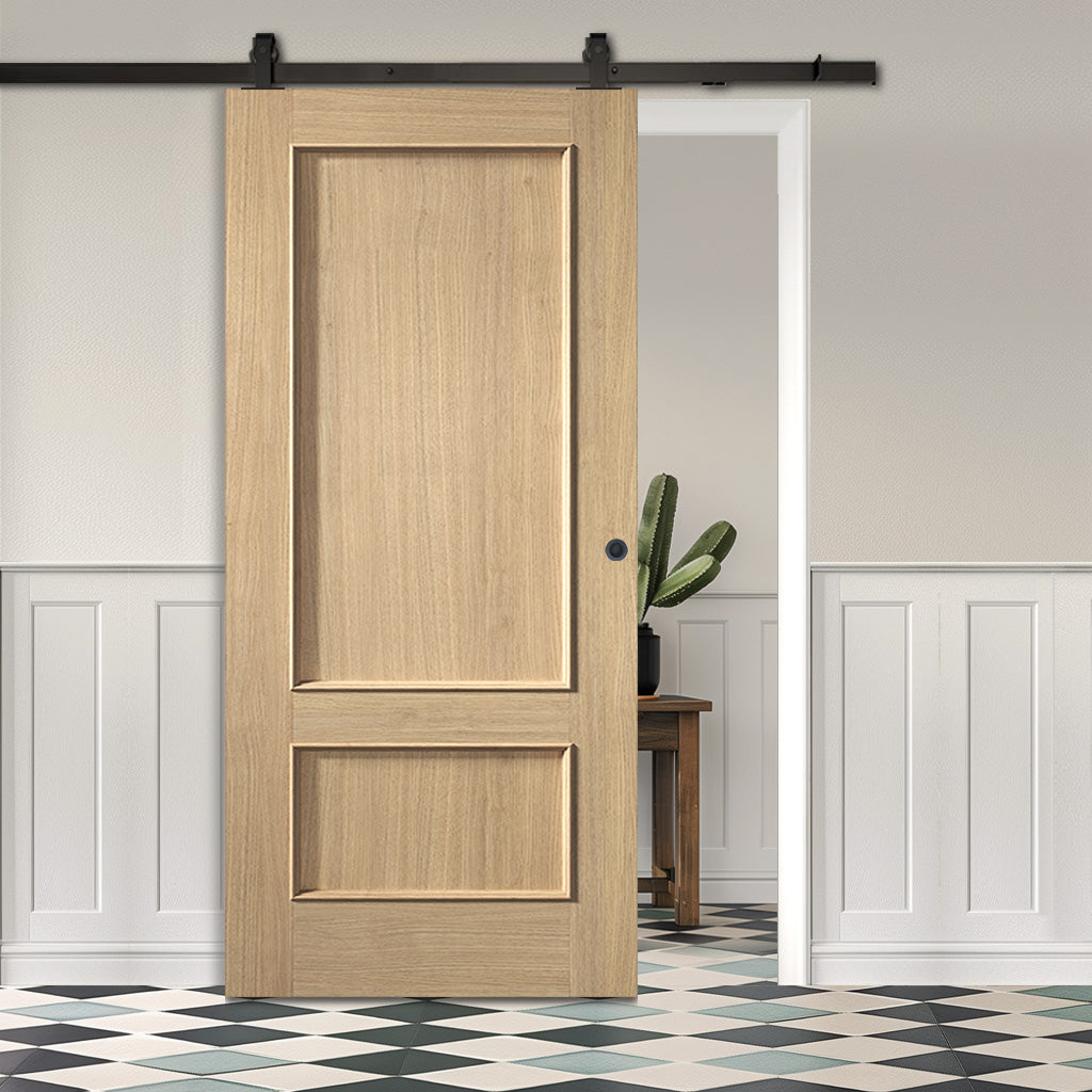 Top Mounted Black Sliding Track & Door - Murcia Oak Panel Internal Door - Prefinished