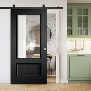 Image: Top Mounted Black Sliding Track & Door - Murcia Black Panel Internal Door - Clear Glass - Prefinished