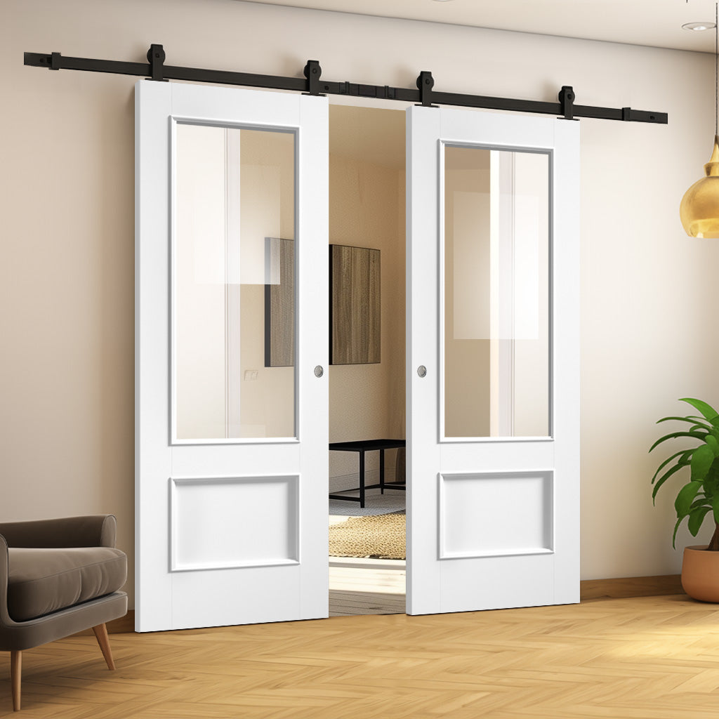 Top Mounted Black Sliding Track & Double Door - Murcia White Primed Internal Door - Clear Glass