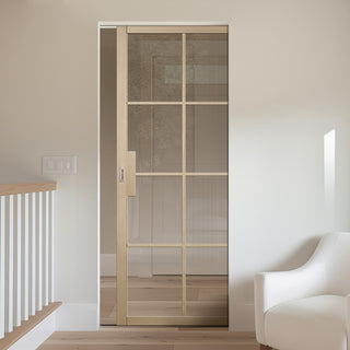 Image: Malvern Blonde Oak Single Absolute Evokit Pocket Door - Clear Glass - Prefinished