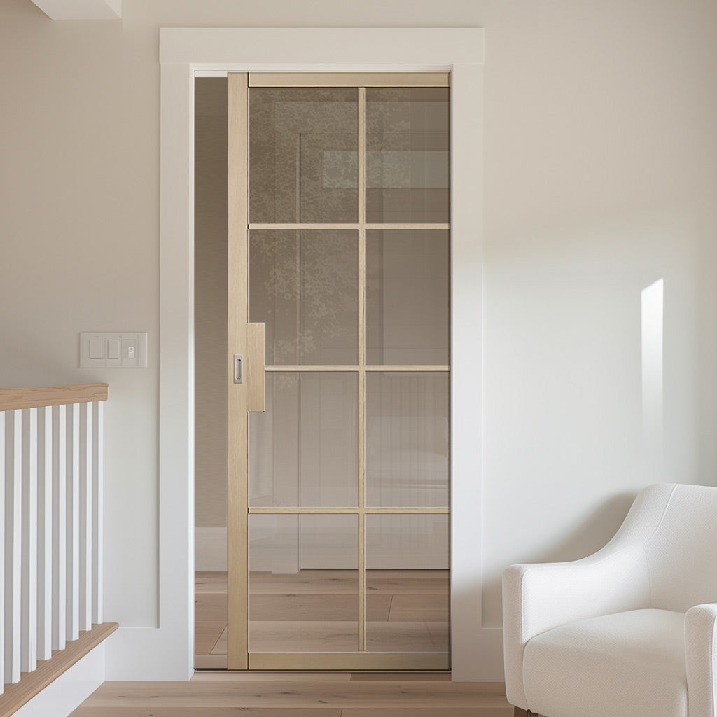 Malvern Blonde Oak Single Evokit Pocket Door - Clear Glass - Prefinished