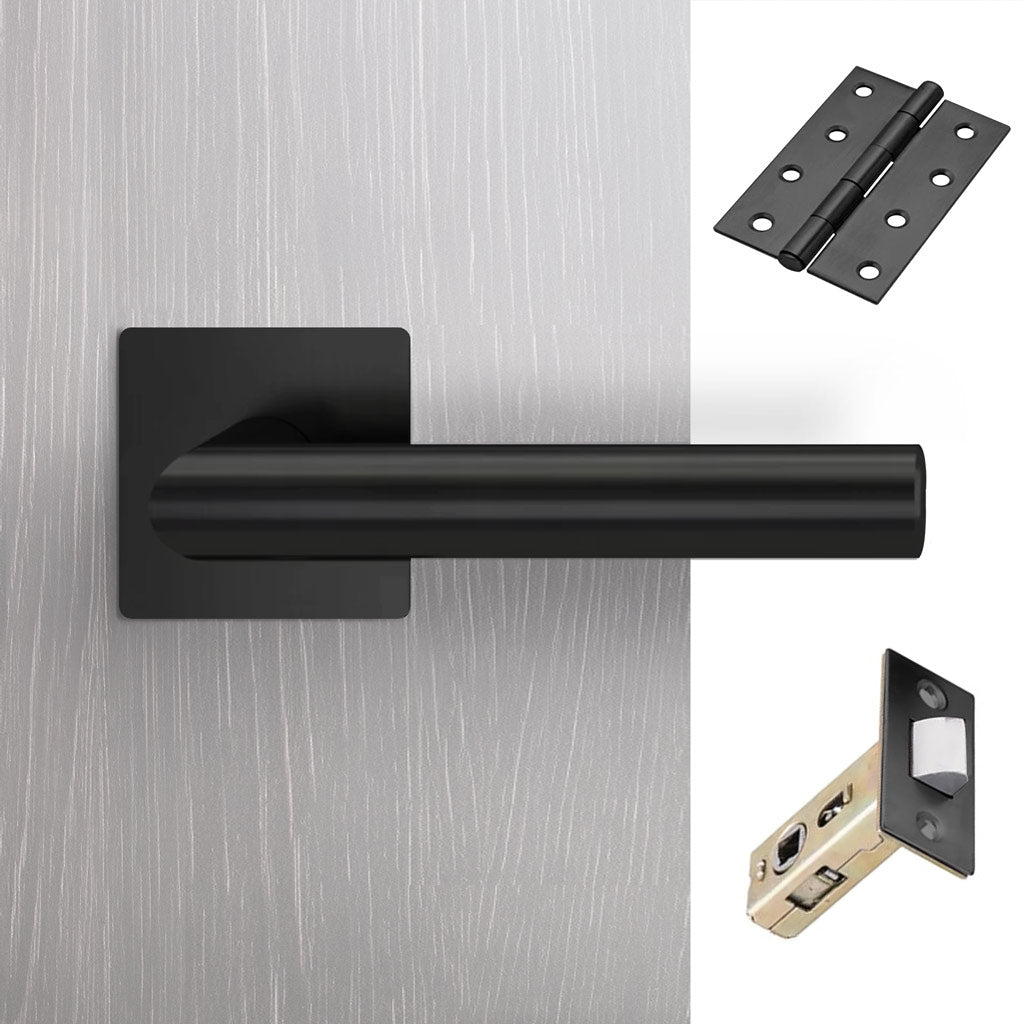 Orlando Door Lever Handle Pack - 4 Square Hinges - Matt Black