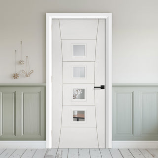 Image: EasiKit Internal Door and Frame Kit - Pamplona White Primed Flush Internal Door - Clear Glass