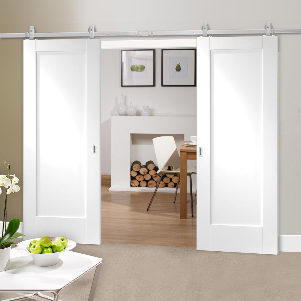 Top Mounted Stainless Steel Sliding Track & Double Door - Pattern 10 1 Panel Doors - White Primed