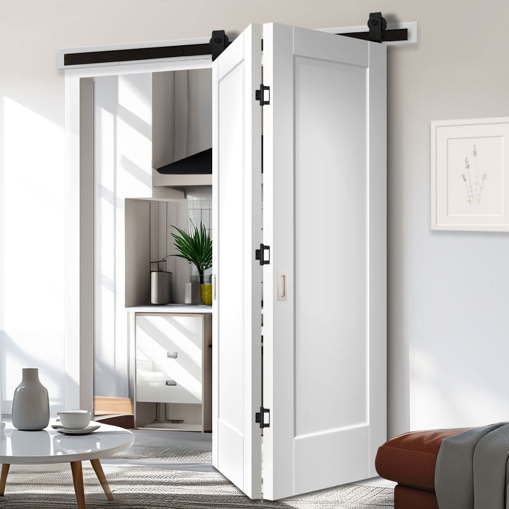 SpaceEasi Top Mounted Black Folding Track & Double Door - Pattern 10 Style Panel 2+0 - White Primed