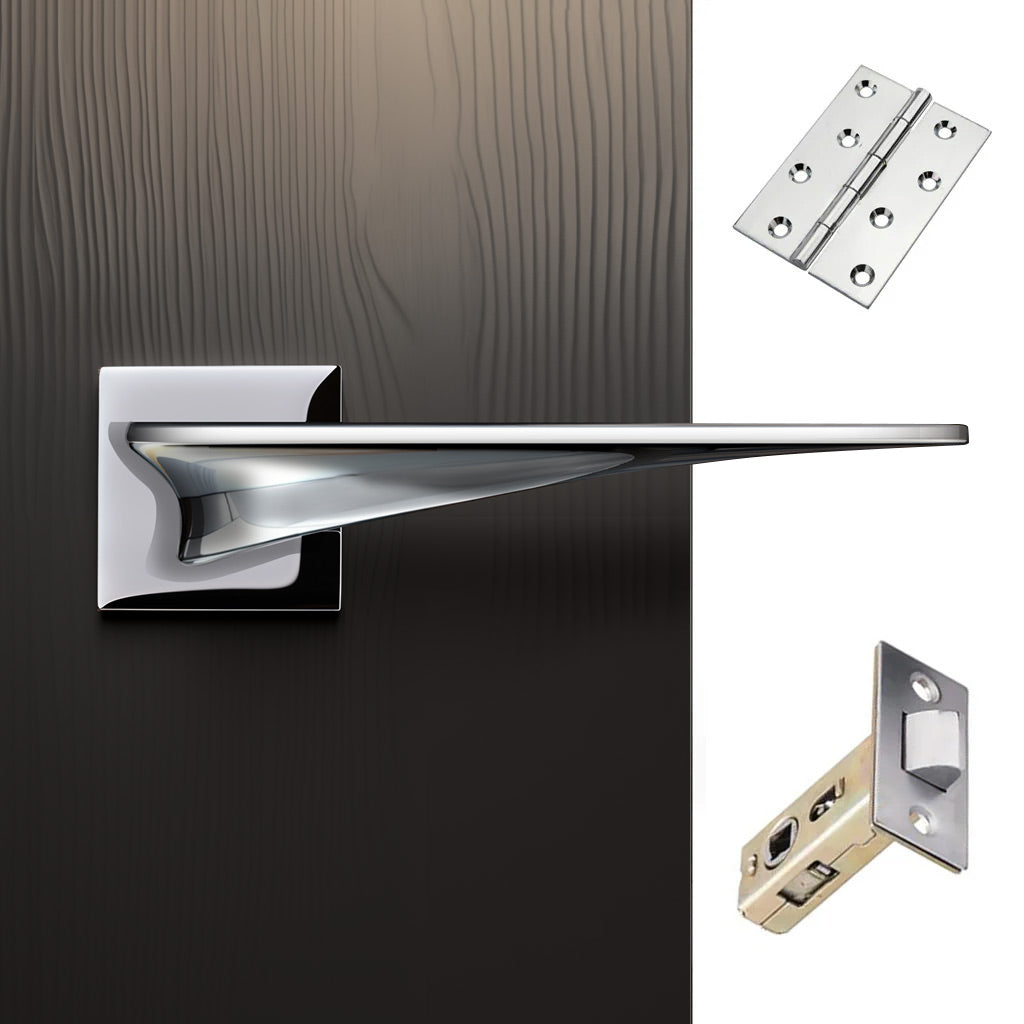 Zenith Door Lever Handle Pack - 3 Square Hinges - Polished Chrome Finish