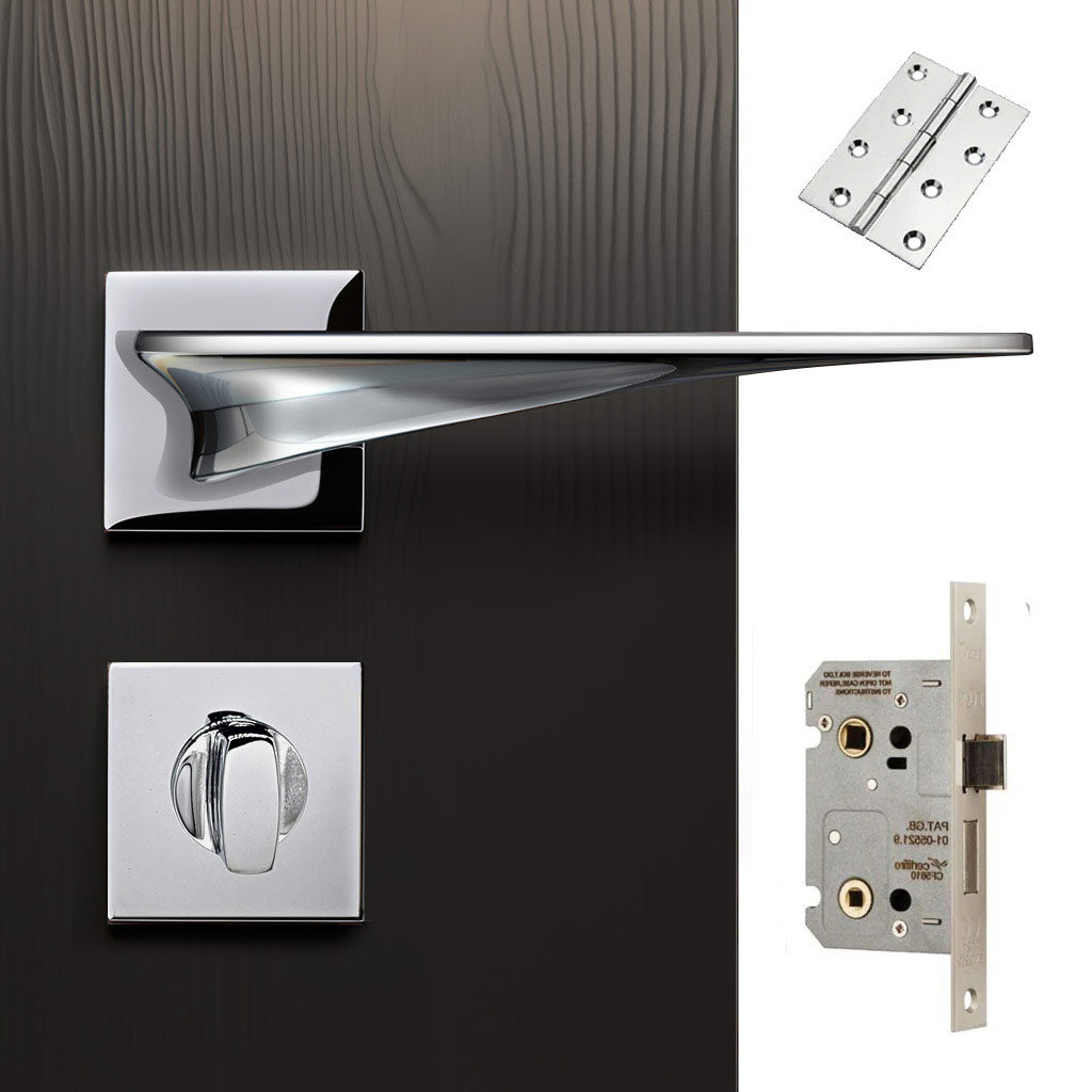 Zenith Door Lever Bathroom Handle Pack - 4 Square Hinges - Polished Chrome Finish