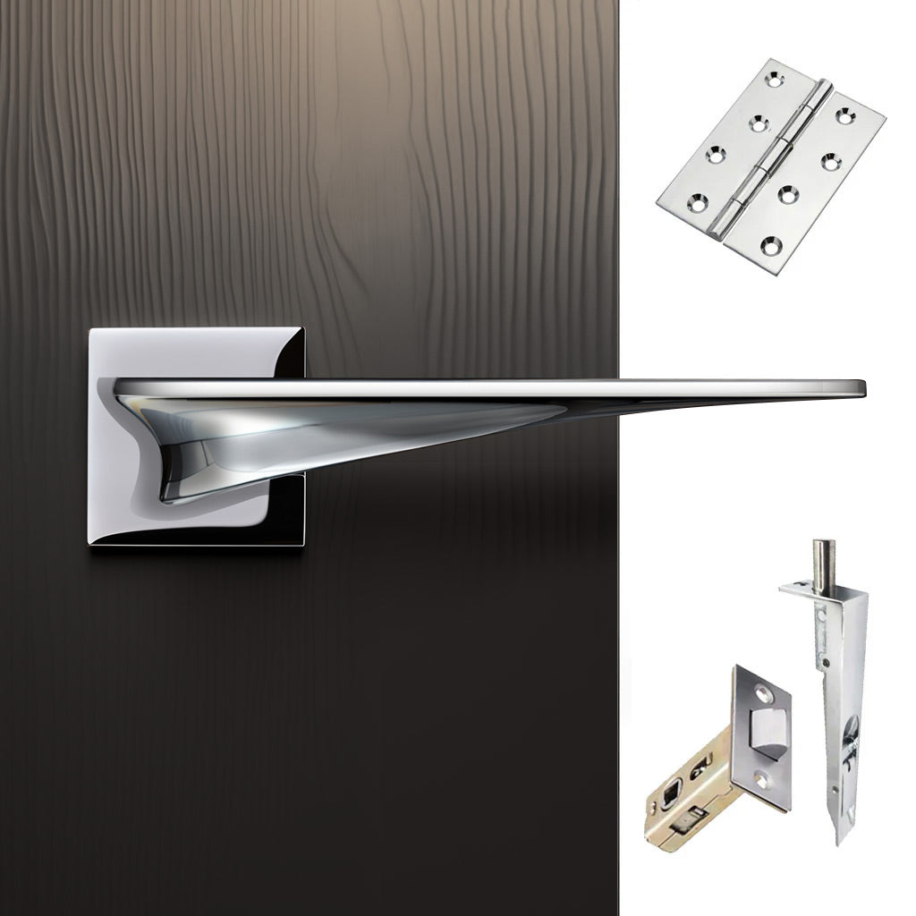 Zenith Double Door Lever Handle Pack - 8 Square Hinges - Polished Chrome Finish - Combo Handle and Accessory Pack