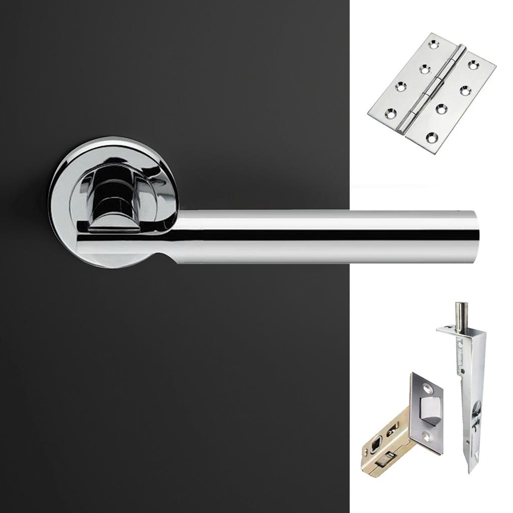 Turin Double Door Lever Handle Pack - 8 Square Hinges - Polished Chrome Finish - Combo Handle and Accessory Pack