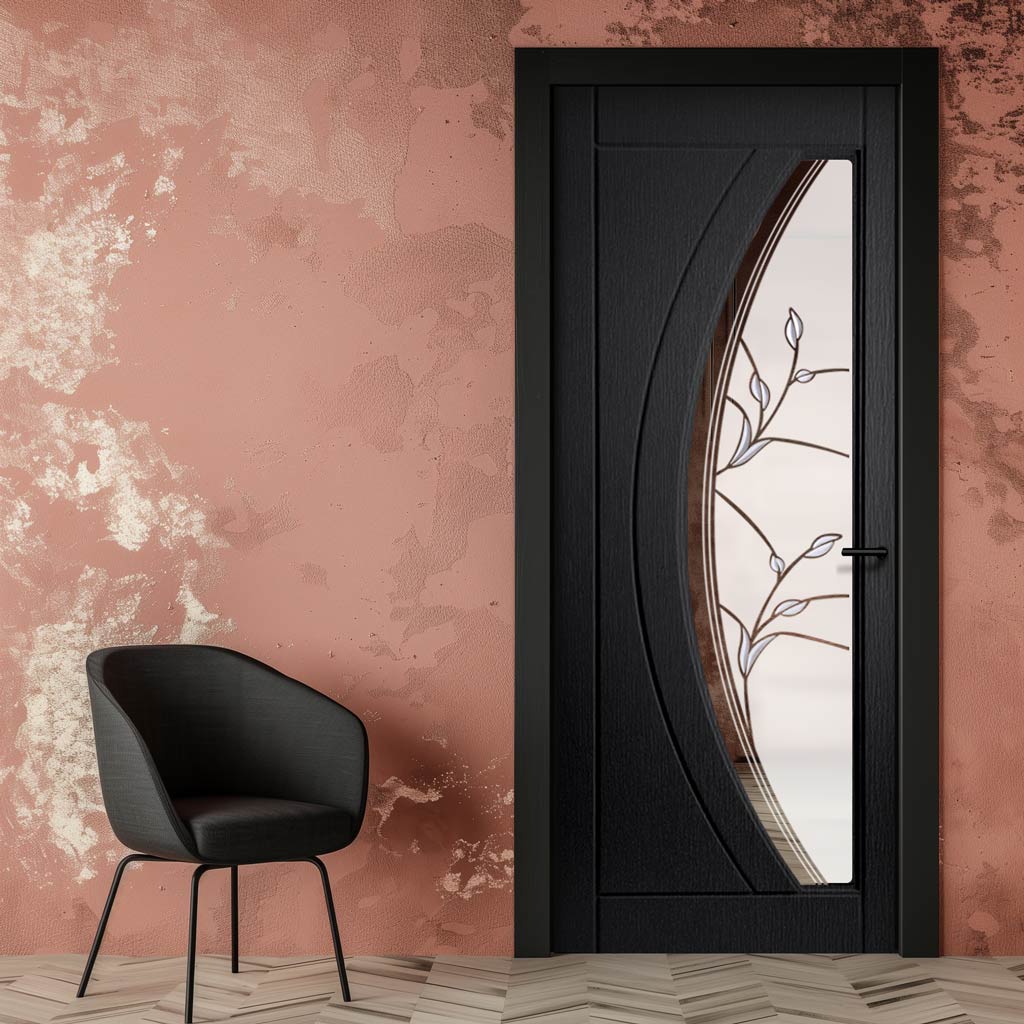 Gemini Black Lightly Grained Internal PVC Door - Twilight Style Sandblasted Glass