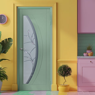 Image: Gemini Chartwell Green Lightly Grained Internal PVC Door - Twilight Style Sandblasted Glass