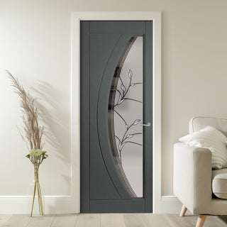 Image: Gemini Slate Grey Lightly Grained Internal PVC Door - Twilight Style Sandblasted Glass