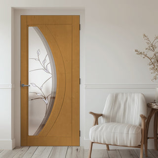 Image: Gemini Irish Oak Lightly Grained Internal PVC Door - Twilight Style Sandblasted Glass