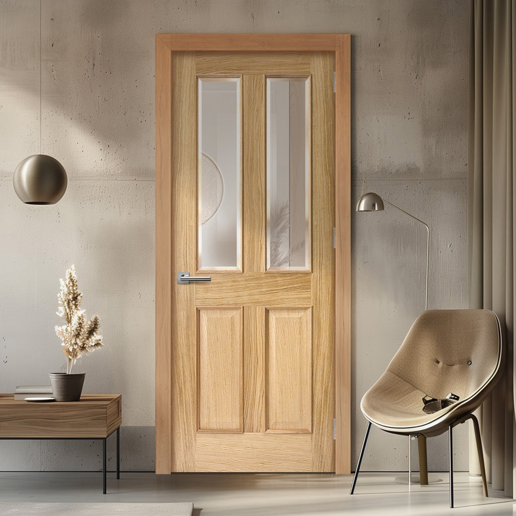 EasiKit Internal Door and Frame Kit - Richmond Oak Internal Door - Raised Mouldings - Bevelled Clear Glass