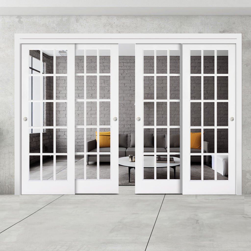 Pass-Easi Four Sliding Doors and Frame Kit - SA 15 Pane Door - Clear Glass - White Painted