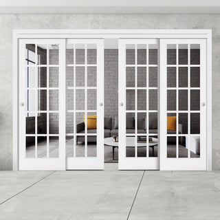 Image: Pass-Easi Four Sliding Doors and Frame Kit - SA 15 Pane Door - Clear Glass - White Painted