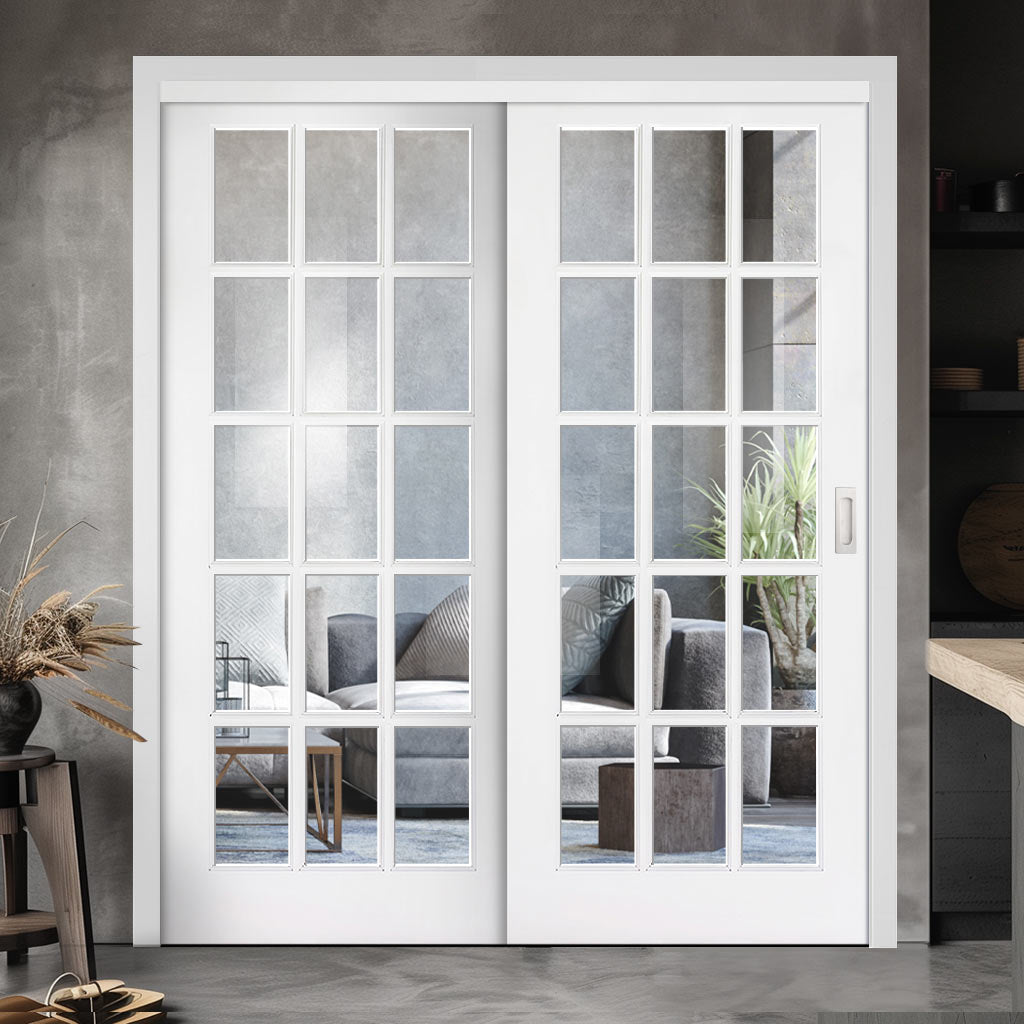 Pass-Easi Two Sliding Doors and Frame Kit - SA 15 Pane Door - Clear Glass - White Painted