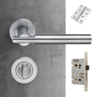 Image: Turin Door Lever Bathroom Handle Pack - 4 Square Hinges - Satin Finish