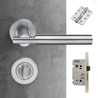 Image: Turin Door Lever Bathroom Handle Pack - 3 Radius Cornered Hinges - Satin Finish