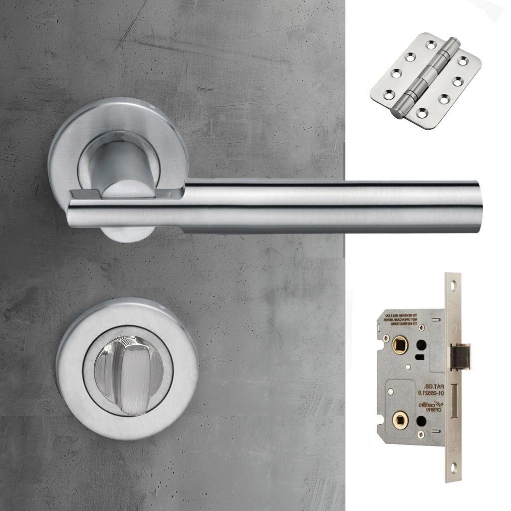 Turin Door Lever Bathroom Handle Pack - 4 Radius Cornered Hinges - Satin Finish