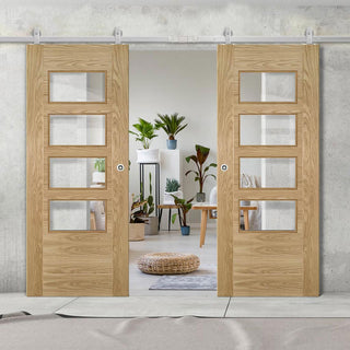 Image: Top Mounted Stainless Steel Sliding Track & Seville 4L Glazed Oak Double Door - Prefinished