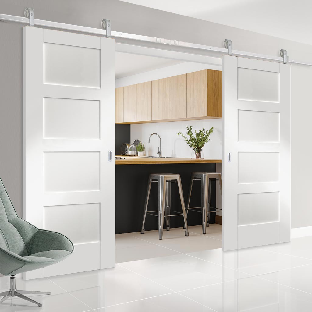 Top Mounted Stainless Steel Sliding Track & Double Door - Shaker 4 Panel Doors - White Primed