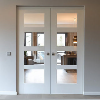 Image: White Primed Shaker Internal Door Pair - Clear Glass