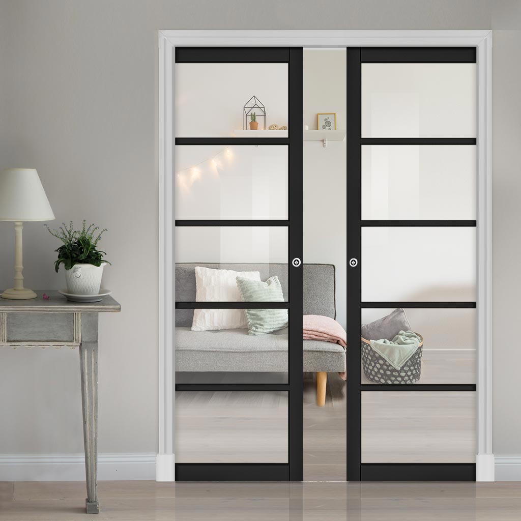 Shoreditch Black Double Evokit Pocket Doors - Prefinished - Clear Glas