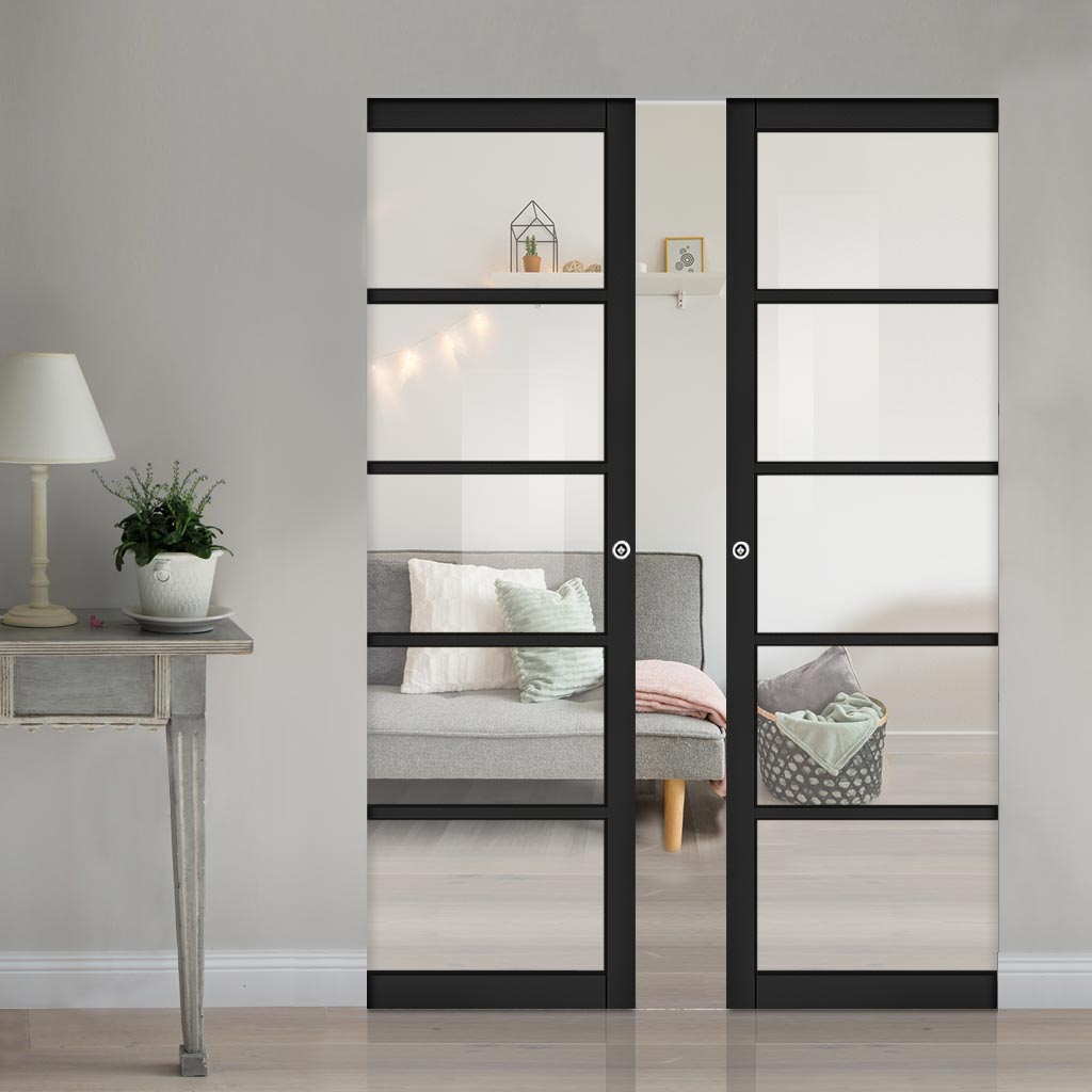 Shoreditch Black Double Absolute Evokit Double Pocket Door - Prefinish