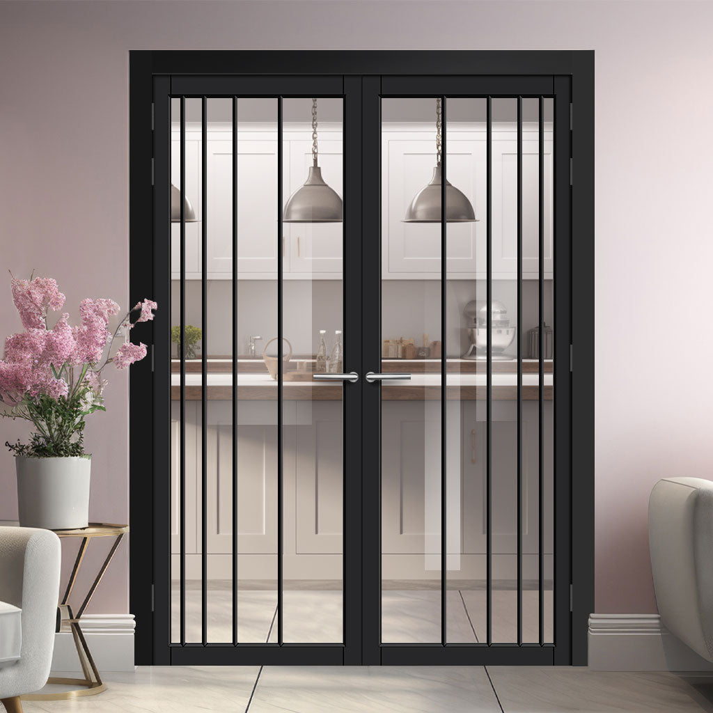 Simona Solid Wood Internal Door Pair UK Made DD0105C Clear Glass - Shadow Black Premium Primed - Urban Lite® Bespoke Sizes