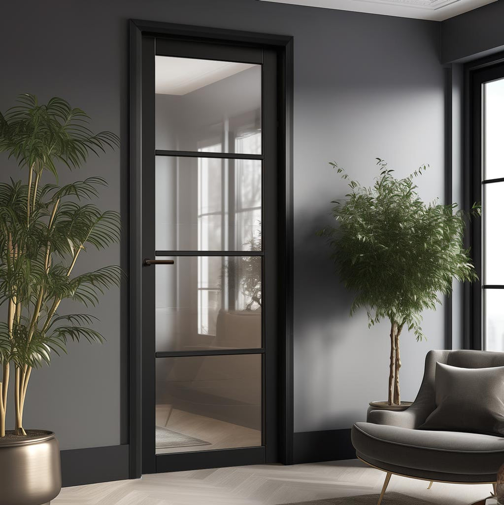 EasiKit Internal Door and Frame Kit - Soho 4 Pane Black Primed Internal Door - Clear Glass