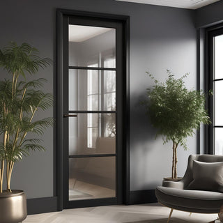 Image: EasiKit Internal Door and Frame Kit - Soho 4 Pane Black Primed Internal Door - Clear Glass