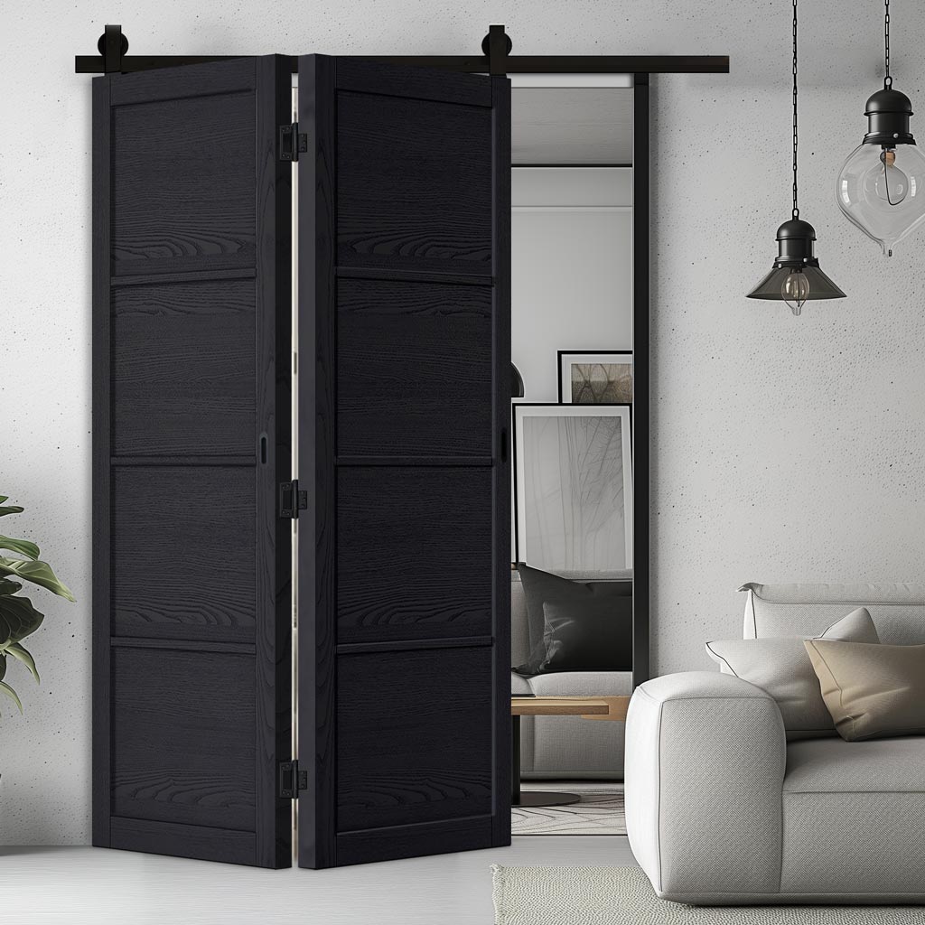 SpaceEasi Top Mounted Black Folding Track & Double Door - Soho 4 Panel