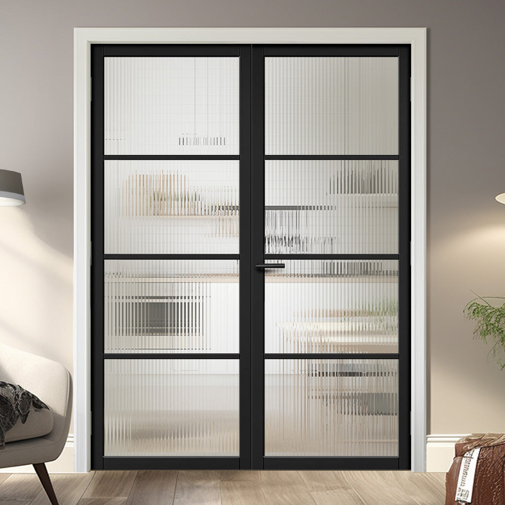 Soho Black Internal Door Pair - Clear Reeded Glass - Prefinished