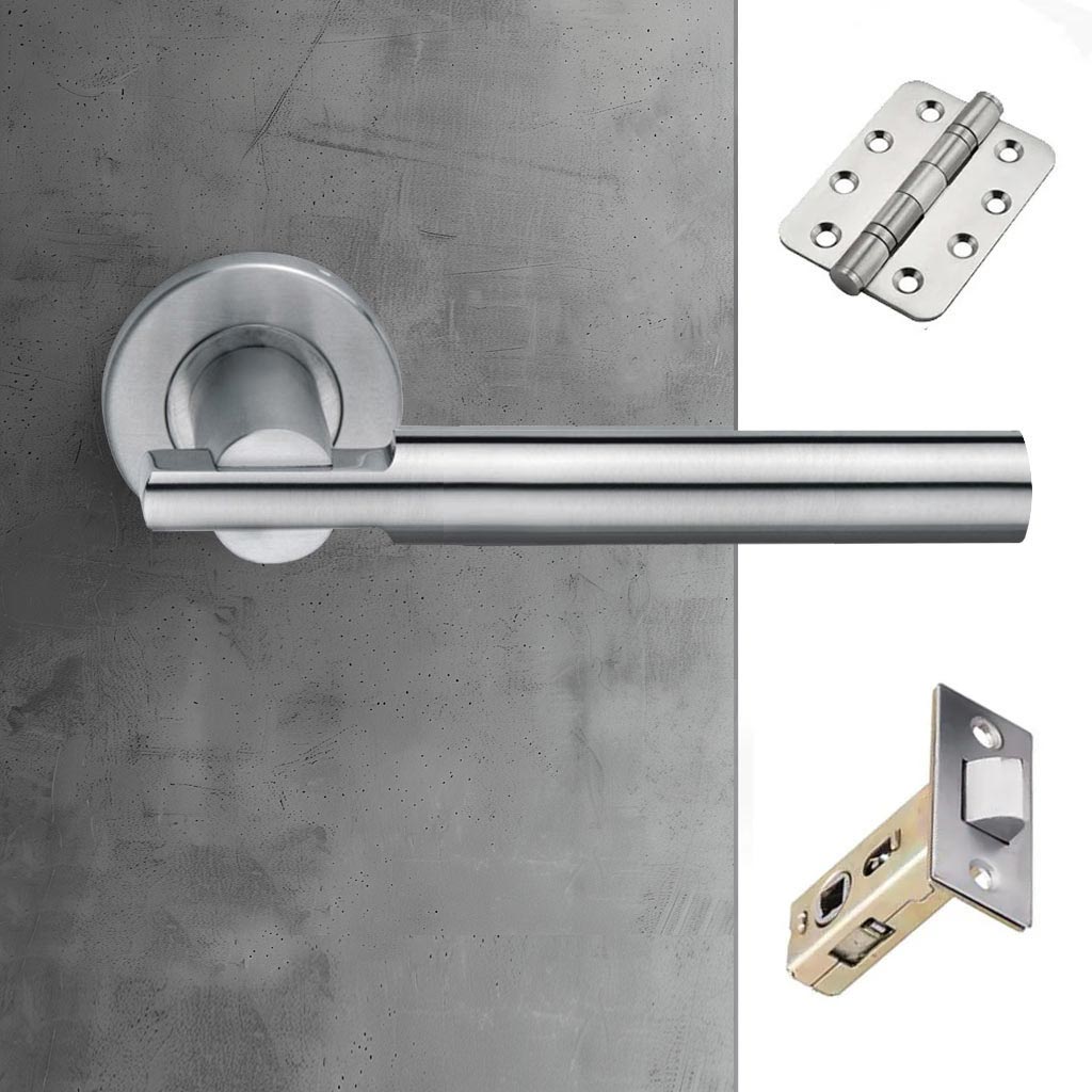 Turin Door Lever Handle Pack - 4 Radius Cornered Hinges - Satin Finish