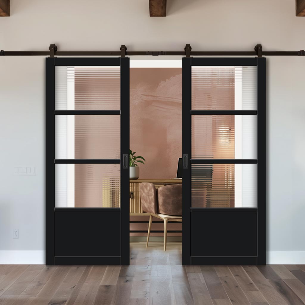 Top Mounted Black Sliding Track & Solid Wood Double Doors - Eco-Urban Staten 3 Pane 1 Panel Doors DD6310 - Clear Reeded Glass - Shadow Black Premium Primed