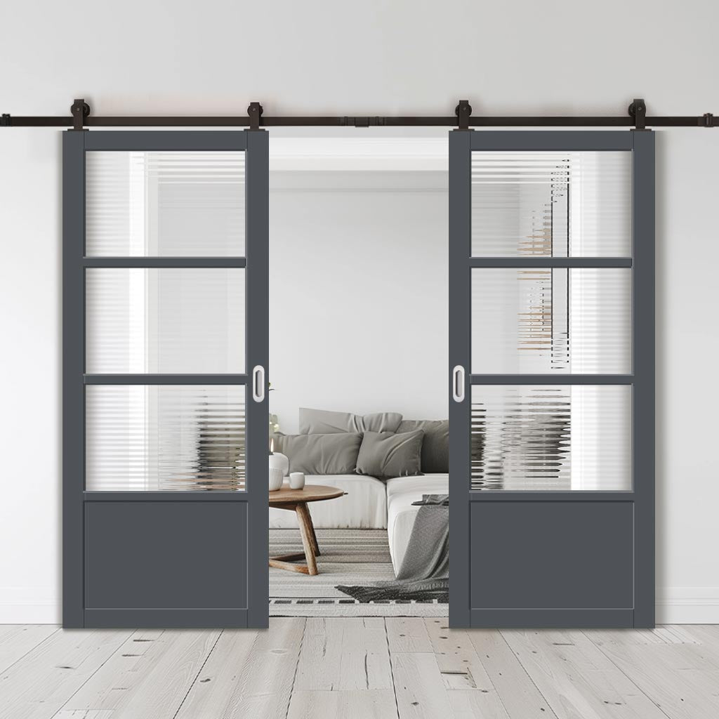 Top Mounted Black Sliding Track & Solid Wood Double Doors - Eco-Urban Staten 3 Pane 1 Panel Doors DD6310 - Clear Reeded Glass - Stormy Grey Premium Primed