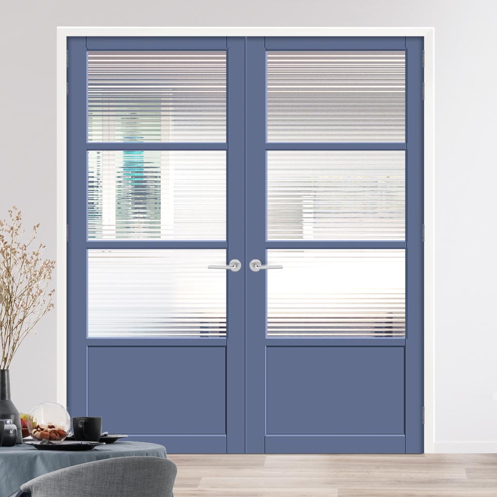 Eco-Urban Staten 3 Pane 1 Panel Solid Wood Internal Door Pair UK Made DD6310 - Clear Reeded Glass - Eco-Urban® Heather Blue Premium Primed