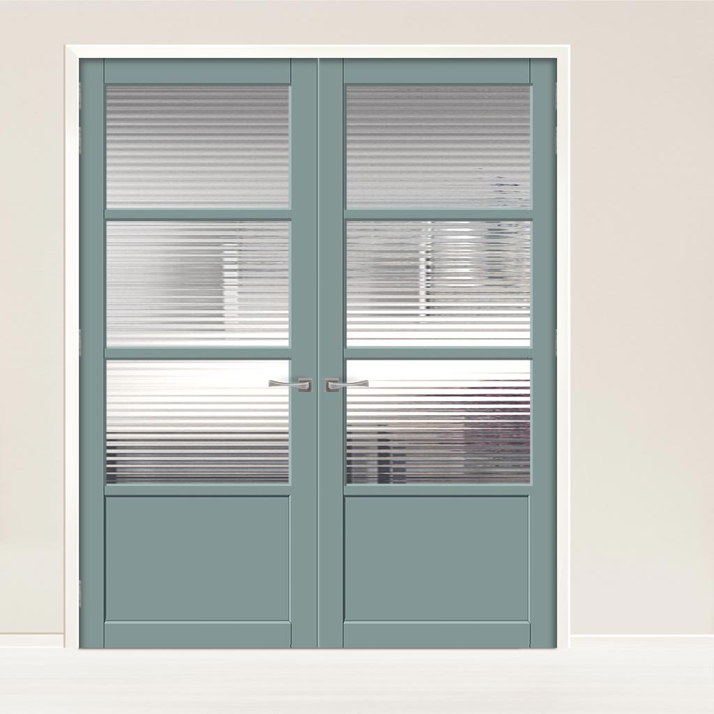 Eco-Urban Staten 3 Pane 1 Panel Solid Wood Internal Door Pair UK Made DD6310 - Clear Reeded Glass - Eco-Urban® Sage Sky Premium Primed