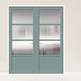 Image: Eco-Urban Staten 3 Pane 1 Panel Solid Wood Internal Door Pair UK Made DD6310 - Clear Reeded Glass - Eco-Urban® Sage Sky Premium Primed