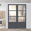 Eco-Urban Staten 3 Pane 1 Panel Solid Wood Internal Door Pair UK Made DD6310 - Clear Reeded Glass - Eco-Urban® Stormy Grey Premium Primed