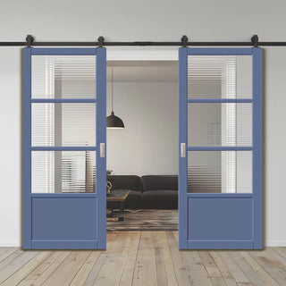 Image: Top Mounted Black Sliding Track & Solid Wood Double Doors - Eco-Urban Staten 3 Pane 1 Panel Doors DD6310 - Clear Reeded Glass - Heather Blue Premium Primed