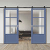 Top Mounted Black Sliding Track & Solid Wood Double Doors - Eco-Urban Staten 3 Pane 1 Panel Doors DD6310 - Clear Reeded Glass - Heather Blue Premium Primed