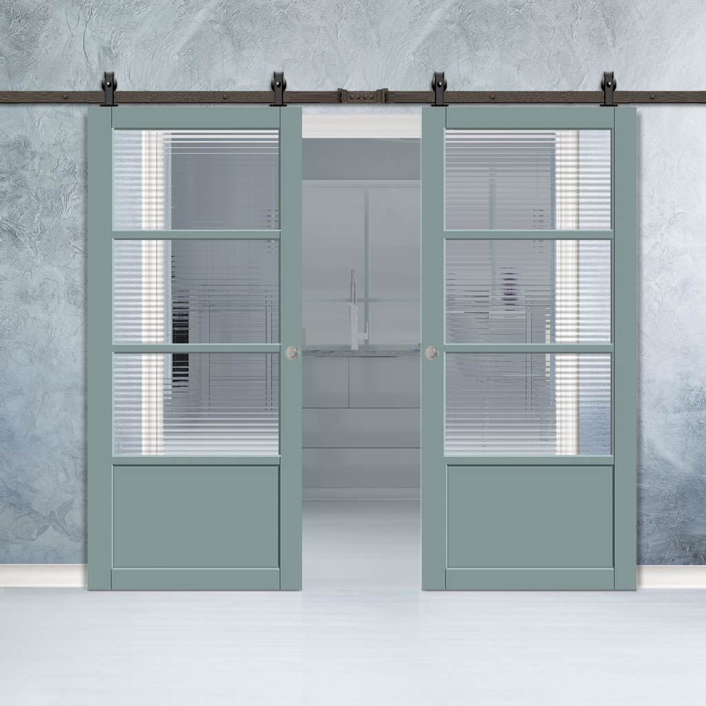 Top Mounted Black Sliding Track & Solid Wood Double Doors - Eco-Urban Staten 3 Pane 1 Panel Doors DD6310 - Clear Reeded Glass - Sage Sky Premium Primed