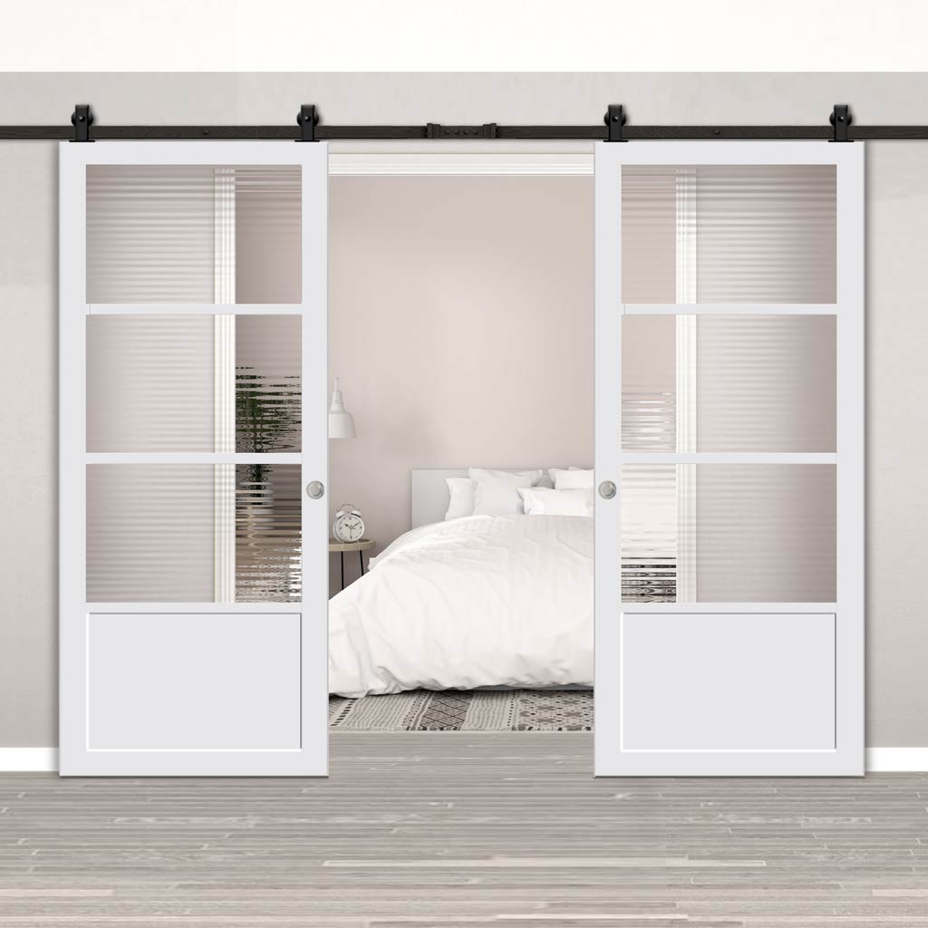 Top Mounted Black Sliding Track & Solid Wood Double Doors - Eco-Urban Staten 3 Pane 1 Panel Doors DD6310 - Clear Reeded Glass - Cloud White Premium Primed